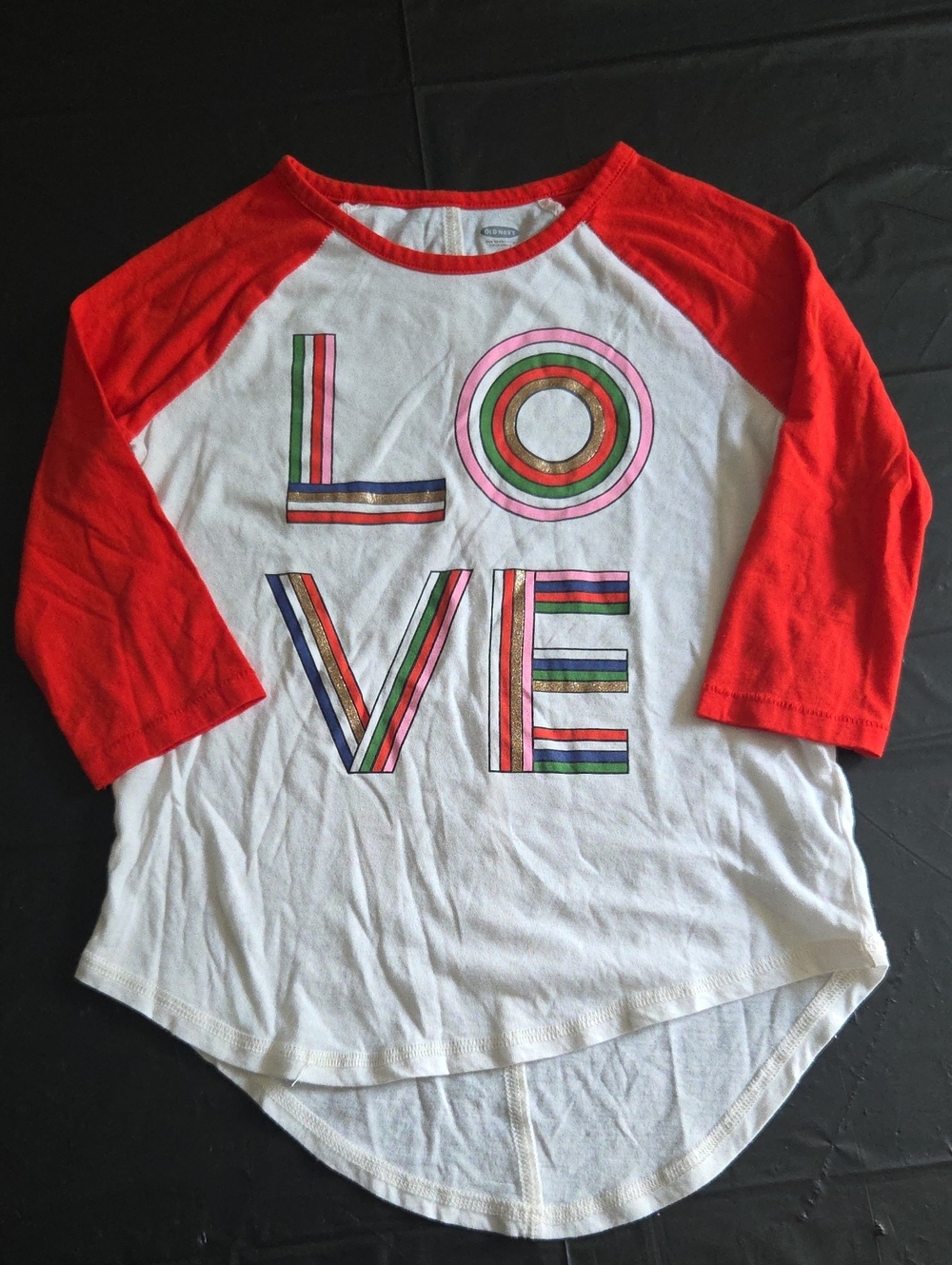 Old Navy White and Red Raglan Long Sleeve Tee with Multicolor LOVE Graphic